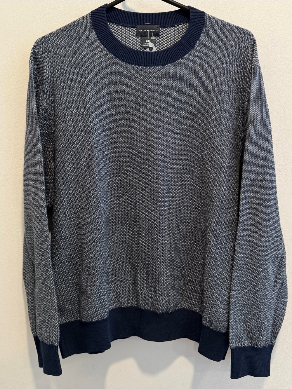 Club Monaco Navy and White Crewneck Sweater Jumper Wool/Cotton size Large